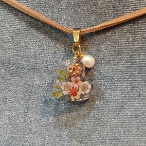Handmade Floral Heart Pendant Necklace in Gold with Pearl Accent